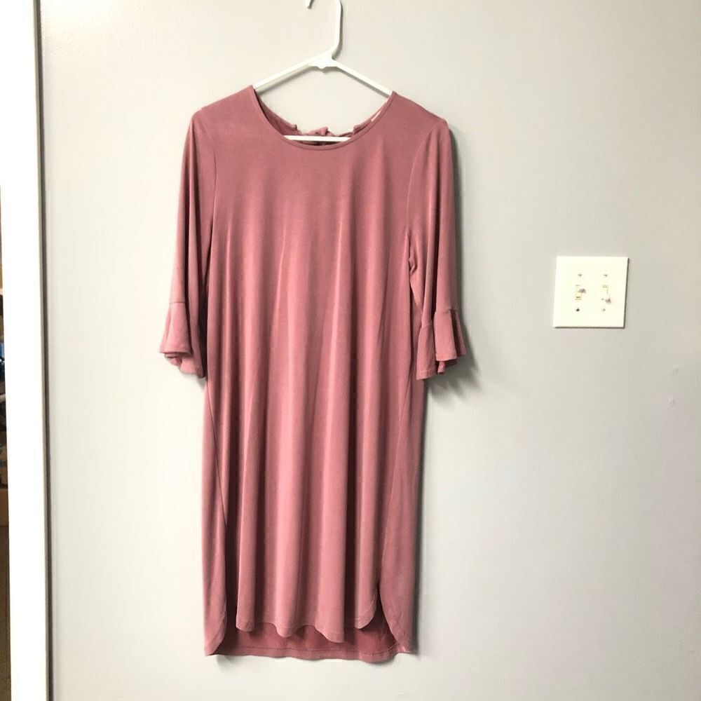 pleione bell sleeve shift dress size‎ large mauve pink back ties modal